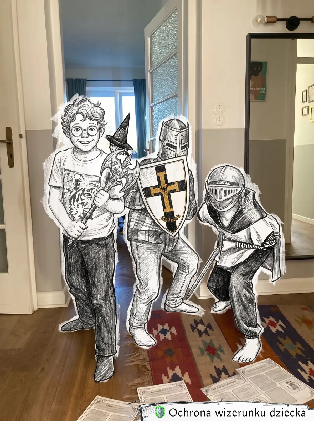 Troje dzieci w przebraniach rycerzy z tarczą, toporem i mieczem podczas urodzinowej sesji RPG (przerysowane, nierozpoznawalne)