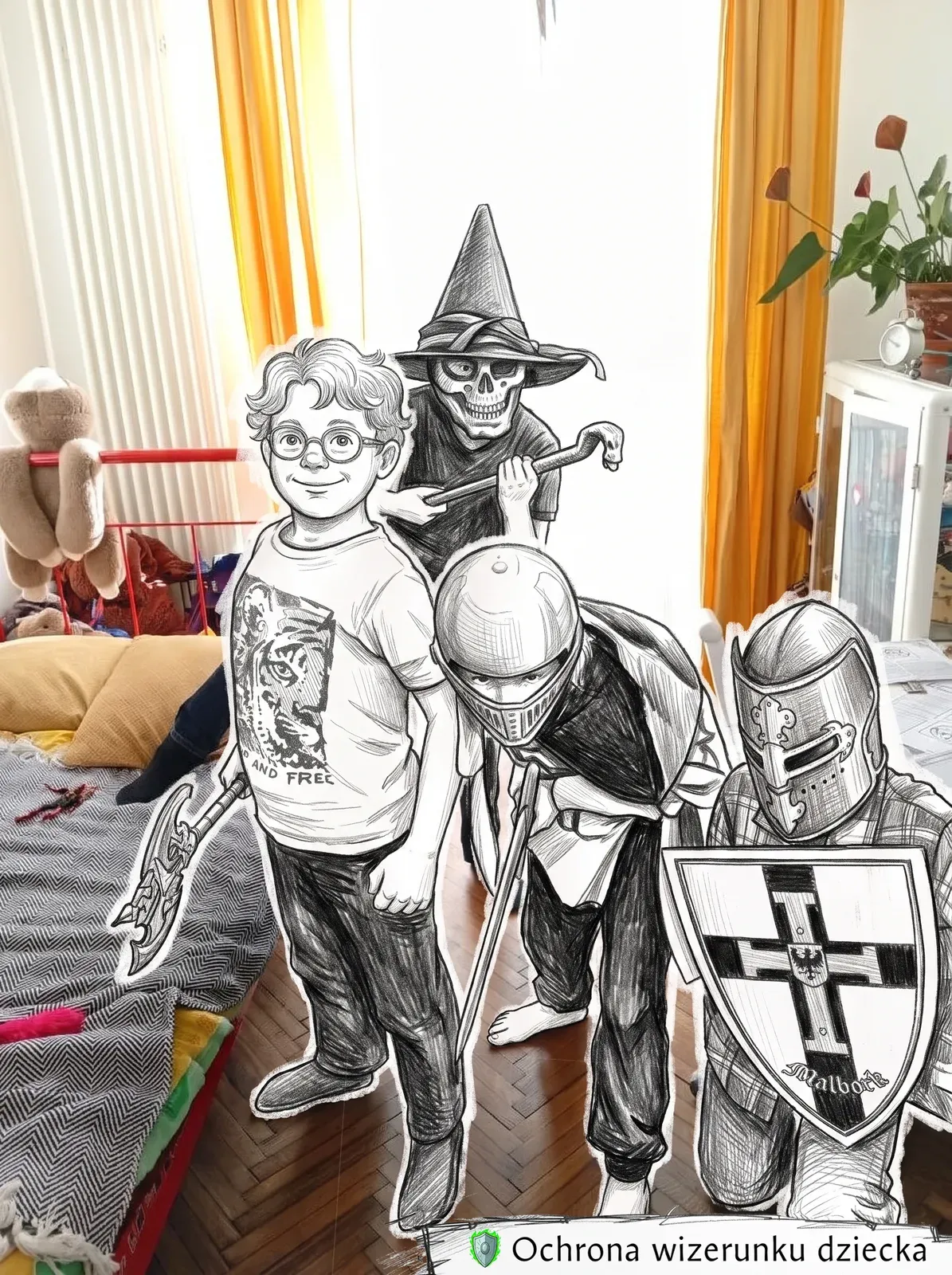 Czworo dzieci w strojach rycerzy i czarodzieja w masce czaszki pozuje z rekwizytami podczas urodzinowej sesji RPG (przerysowane, nierozpoznawalne)